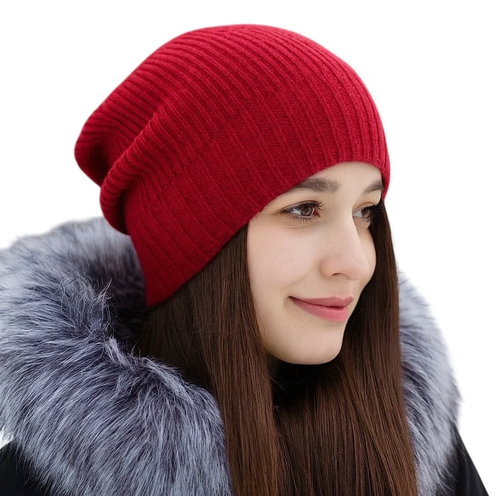 Nordstrom 100% Cashmere Ribbed Knit Beanie Hat Red Slouchy or Cuffed OS NWT